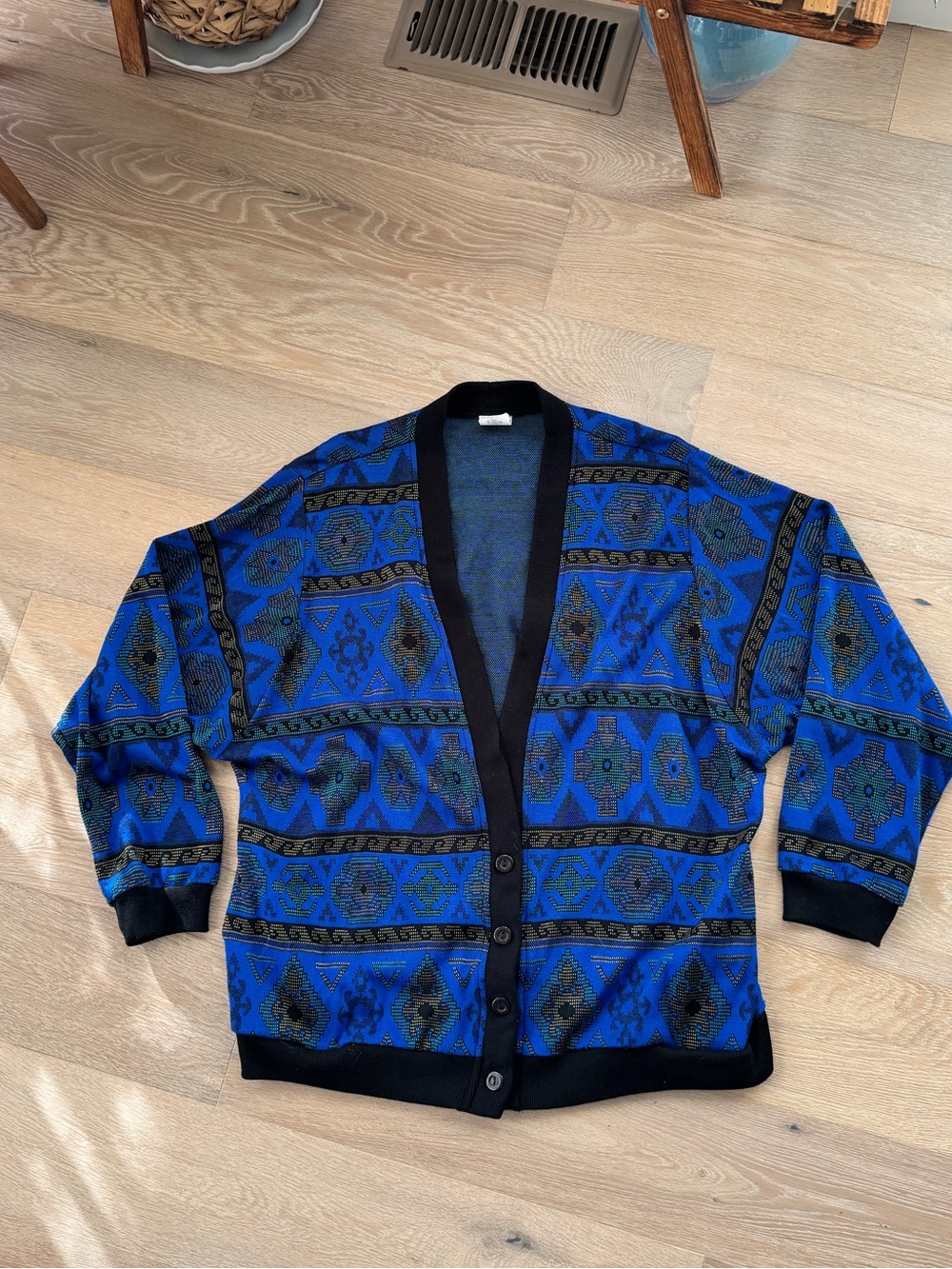 VTG Graff Californiawear Blue Aztec Tribal Grandpa Cardigan Sweater L/XL